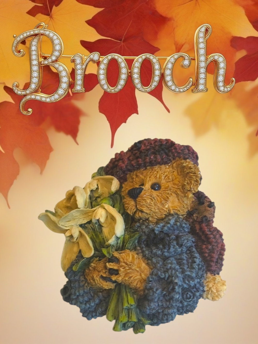 Vtg Teddy Bear Brooch Holding Lilies